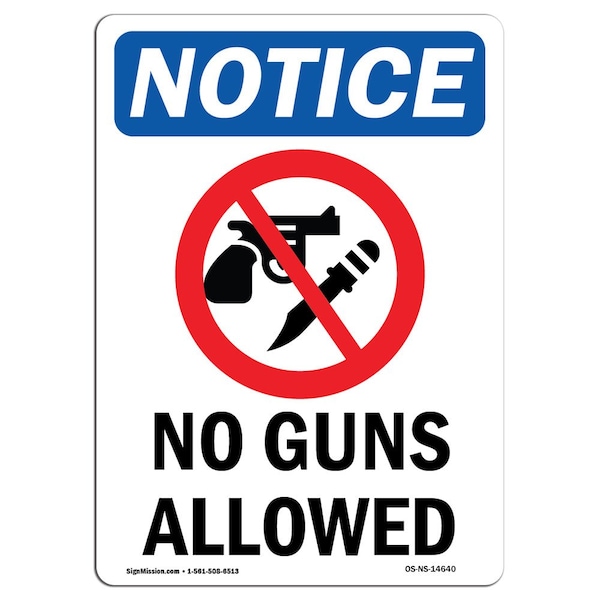 OSHA Notice Sign, No Guns Allowed With Symbol, 18in X 12in Decal, 12" W, 18" L, Portrait